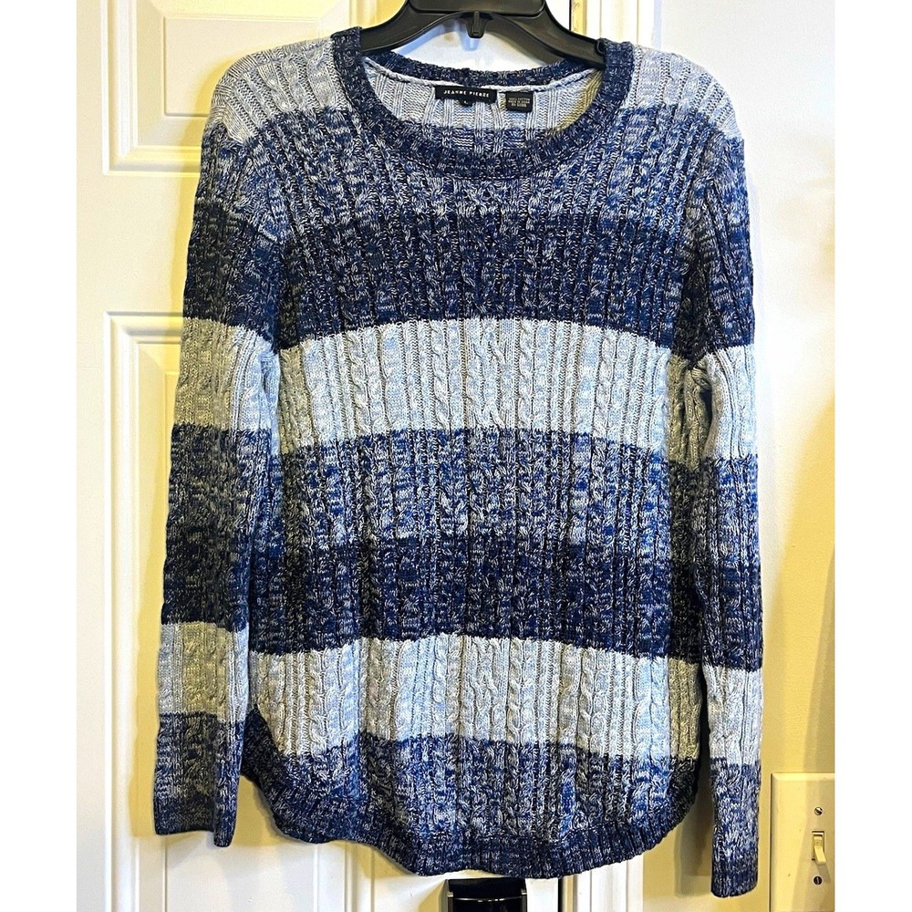Jeanne Pierre Cable Knit 100% Cotton Crewneck Pullover Sweater Blue  Women L